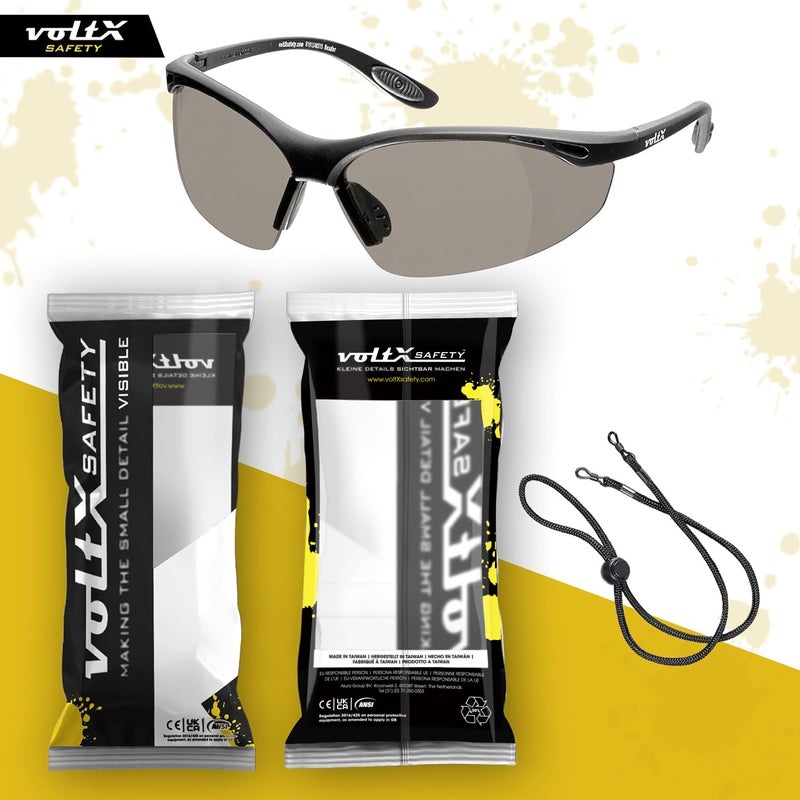voltX 'Constructor' SAFETY READERS Full Lens Reading Safety Glasses (+2.0 Dioptre, Smoke) ANSI Z87.1+ & CE EN166F, Wraparound Style - Includes Safety Cord with headstop - UV400 anti fog coated lens - Image 3